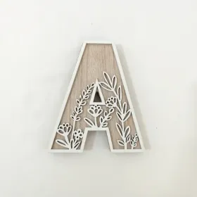 1pc Floral Carved Wooden Letter, Rustic Wood Alphabet Wall Decor - A