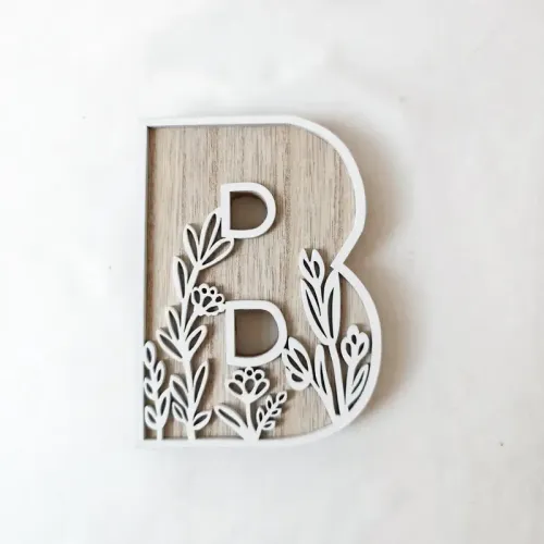 1pc Floral Carved Wooden Letter, Rustic Wood Alphabet Wall Decor - B