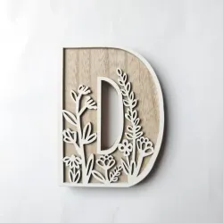 1pc Floral Carved Wooden Letter, Rustic Wood Alphabet Wall Decor - D