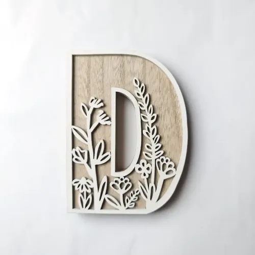 1pc Floral Carved Wooden Letter, Rustic Wood Alphabet Wall Decor - D