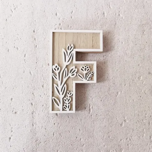 1pc Floral Carved Wooden Letter, Rustic Wood Alphabet Wall Decor - F