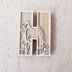 1pc Floral Carved Wooden Letter, Rustic Wood Alphabet Wall Decor - H