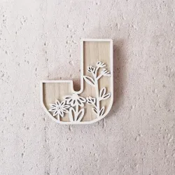 1pc Floral Carved Wooden Letter, Rustic Wood Alphabet Wall Decor - J