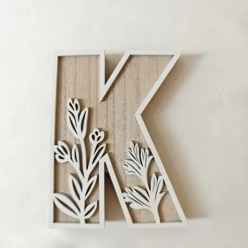 1pc Floral Carved Wooden Letter, Rustic Wood Alphabet Wall Decor - K
