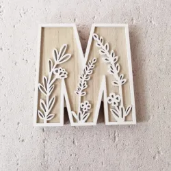 1pc Floral Carved Wooden Letter, Rustic Wood Alphabet Wall Decor - M