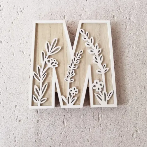 1pc Floral Carved Wooden Letter, Rustic Wood Alphabet Wall Decor - M