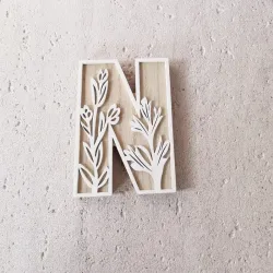 1pc Floral Carved Wooden Letter, Rustic Wood Alphabet Wall Decor - N