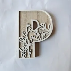 1pc Floral Carved Wooden Letter, Rustic Wood Alphabet Wall Decor - P