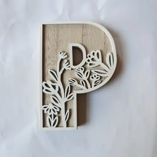 1pc Floral Carved Wooden Letter, Rustic Wood Alphabet Wall Decor - P