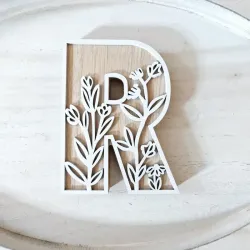 1pc Floral Carved Wooden Letter, Rustic Wood Alphabet Wall Decor - R