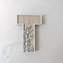 1pc Floral Carved Wooden Letter, Rustic Wood Alphabet Wall Decor - T