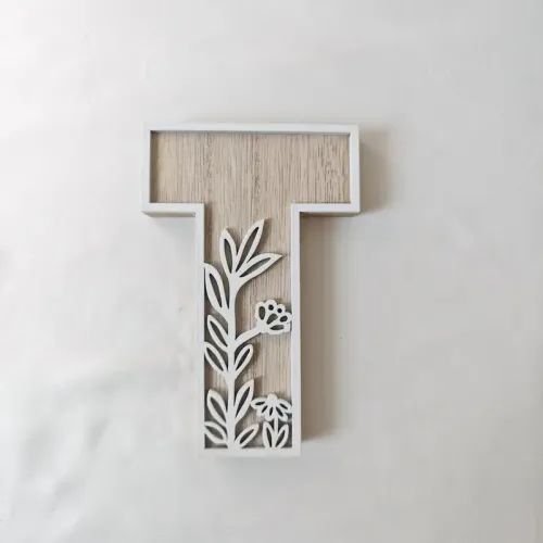 1pc Floral Carved Wooden Letter, Rustic Wood Alphabet Wall Decor - T