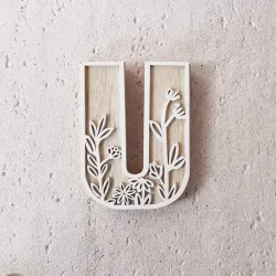 1pc Floral Carved Wooden Letter, Rustic Wood Alphabet Wall Decor - U