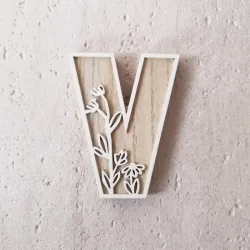 1pc Floral Carved Wooden Letter, Rustic Wood Alphabet Wall Decor - V
