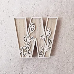 1pc Floral Carved Wooden Letter, Rustic Wood Alphabet Wall Decor - W