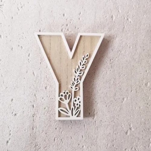 1pc Floral Carved Wooden Letter, Rustic Wood Alphabet Wall Decor - Y